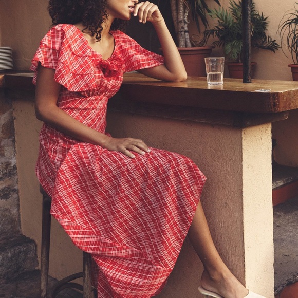 NWT Doen Nevara Cotton Rosette Short Sleeve Midi Maxi Dress Sylvie Plaid Red - Picture 5 of 12